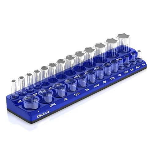 Olsa Tools Magnetic Socket Organizer - 3/8-Inch Drive SAE Socket Holder with Strong Magnets - Stores up to 26 Sockets - Blue - Part: 1297 - color: Blue, Sae, size: 3/8-Inch Drive, SAE