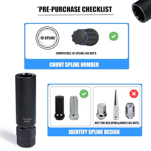 VEXPLO 10 Spline Lug Nut Key Set Thick Wall 3-PCS 10 Spline Lug Nut Socket | Easy Removal of Aftermarket Ten Point Locking Lug Nuts, Compatible with Bimecc White Knight 10 Splined Wheel Lock Key