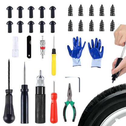 Tire Repair Kits Tubeless Tire Puncture Repair Kit with Mushroom Plug, Repairs punctures and Flat Tires for Motorcycles, Cars, Trucks, ATVs,Gun Puncture Repair Kit（34-Piece ） - color: Black+34