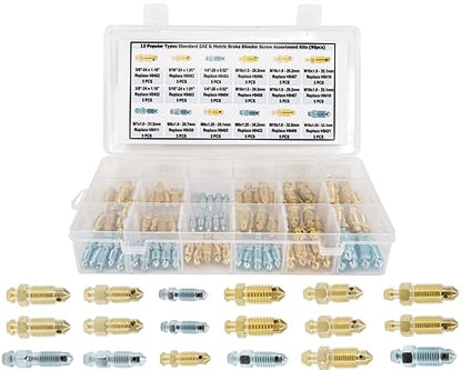 12-Type Brake Bleeder Screws - Bleeder Valve Kit, Fit for Ford, Dodge, Chrysler, Toyota - 90-Piece SAE & Metric Bleeding Screws