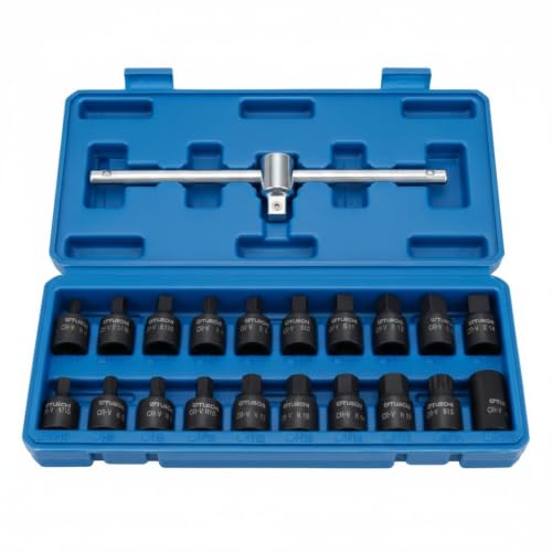 Qianly 21 Pieces Oil Drain Plug Socket Wrench Kit Molded Compartments Oil Drain Plug Socket Kit Hard Case for Mechanics, Garage