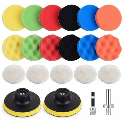 21 Pcs 3 Inch Polishing Pad Kit for Drill - Car Buffing Pads Set with Wool & Foam, Self-Adhesive for Polishing, Waxing, Sanding | Drill Attachment Buffer Kit