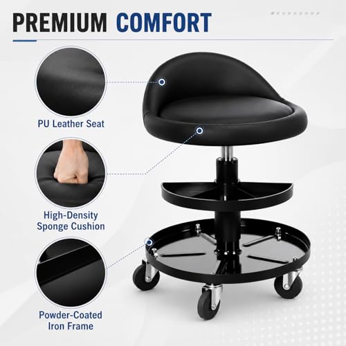 Sintuff Rolling Mechanic Stool, 16-21.6 in Adjustable Height Garage Stool with 2 Tier Tool Tray, 300 Lbs Capacity Padded Shop Seat with 360° Wheels, Black PU Leather Chair for Auto Repair and Workshop