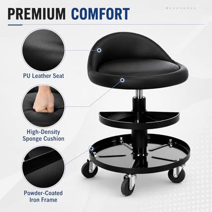 Sintuff Rolling Mechanic Stool, 16-21.6 in Adjustable Height Garage Stool with 2 Tier Tool Tray, 300 Lbs Capacity Padded Shop Seat with 360° Wheels, Black PU Leather Chair for Auto Repair and Workshop