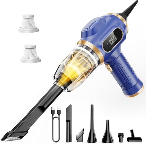Car Vacuum Portable Cordless 17000Pa Mini Handheld Vacuums | Blow and Suction with LCD Display and Multi-Nozzles, High Power for Car, Home, Office, Pet, Compact and Portable Design - color: Blue