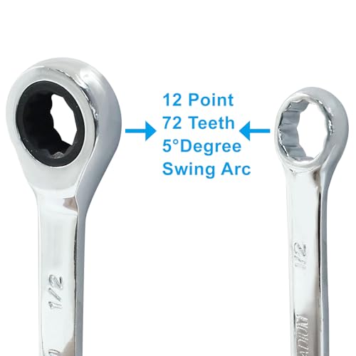 1/2 Inch Ratcheting Wrench 2 Pcs 72-Tooth 12-Point Chrome Plated | Forged 45# Carbon Steel Durable, 5-Degree Arc For Tight Spaces, 12-Point Protects Fasteners, Polished Chrome Anti-Rust - size: 0.50 Inch