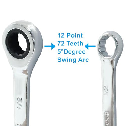 1/2 Inch Ratcheting Wrench 2 Pcs 72-Tooth 12-Point Chrome Plated | Forged 45# Carbon Steel Durable, 5-Degree Arc For Tight Spaces, 12-Point Protects Fasteners, Polished Chrome Anti-Rust - size: 0.50 Inch