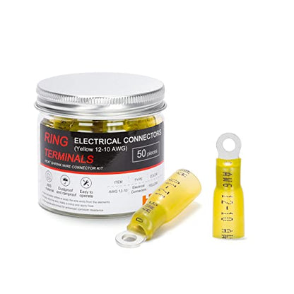 HKS 50 PCS Ring Terminals #6 Yellow 12-10 AWG - M3.5 - Electrical Connectors - Heat Shrink Wire Connector Kit - Tinned Red Copper - Automotive Marine Ring Connectors - Waterproof and Insulated - size: #6 (M3.5)