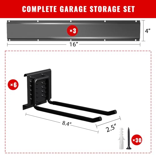 Garage Tool Organizer Wall Mount, Easy to 48inch Install Heavy-Duty Garage Storage System with 6 Adjustable Straight Hooks, Garden Tool Rack for Shovels, Rakes, Yard Tools - size: 48" System - 6 Piece Standard Set