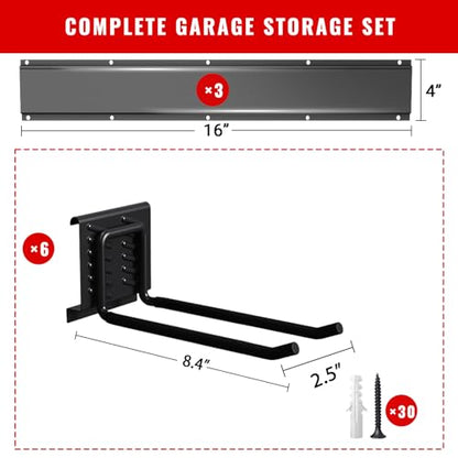 Garage Tool Organizer Wall Mount, Easy to 48inch Install Heavy-Duty Garage Storage System with 6 Adjustable Straight Hooks, Garden Tool Rack for Shovels, Rakes, Yard Tools - size: 48" System - 6 Piece Standard Set