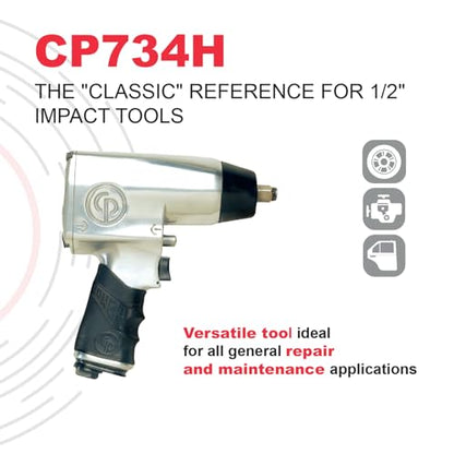 Chicago Pneumatic CP734H - 1/2 Inch Air Impact Wrench, Pistol Handle, Max Torque Reverse Output 425 ft. lbf / 576 Nm, 9,500 RPM, Pin Clutch, Industrial Tool, Automotive