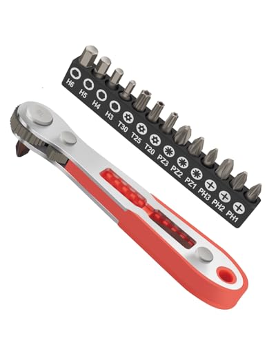 ROTATION 16pc Bit Set with 1/4 Mini Ratchet Offset Right Angle Screwdriver, Reversible Drive Handle, EDC Tool for Tight Spaces Automotive, Electronics & DIY Repair - style: 16pc