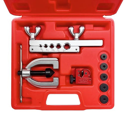Brake Line Flaring Tool Kit, 3/16", 1/4", 5/16", 3/8" and 1/2" Brake Tubing Repair Kit with Tube Cutter & Adapters, Double & Single Flare Tool Set for Copper and Aluminum Fuel Line