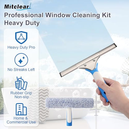 Mitclear Professional Window Cleaning Kit 10IN, Windows Cleaner Tool with Silicone Squeegee, Microfiber Scrubber & Cloth, Window Washing Equipment or Home Shower Glass Doors Car Windshield - size: 10 IN