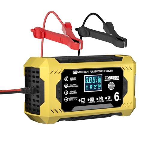 Corebox Battery Charger 6-Amp 12V Automatic Smart Battery Trickle Charger, Battery Maintainer Desulfator with Temperature Compensation for Car Truck Motorcycle Lawn Mower Marine - color: Yellow
