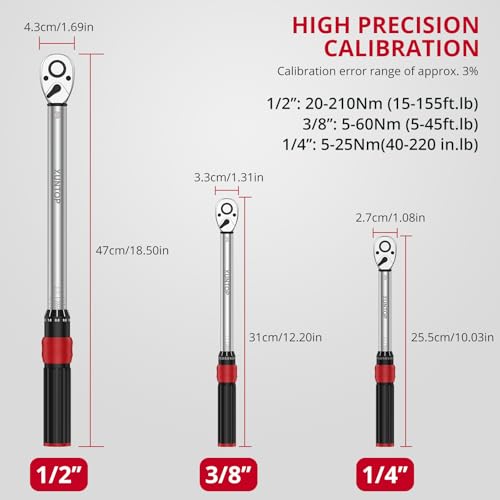 XUNTOP Torque Wrench 1/4 3/8 1/2 inch 3 PCS Drive Click Torque Wrench for 40-220 in.lb 5-45ft.lb 15-155ft.lb 72 Tooth Dual Direction Adjustable Ratchet Wrench for Bicycle,Moto,Car Maintenance