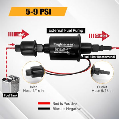 Universal Electric Fuel Pump 12V 5-9 PSI Inline External 5/16 Inch Compatiable with Gas Diesel Marine Carburetor Marine E8012S with 6.56 FT 5/16" ID Fuel Line Hose - size: E8012S 5-9 PSI+ 6.56ft Hose