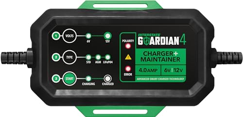 Interstate Batteries 12V, 6V Battery Charger & Maintainer (12V and 6V, 4.0A) Portable, Automatic, Trickle Charging for LiFePO4, Deep-Cycle, Automotive, AGM, Powersports, Boats (CHGIB40)