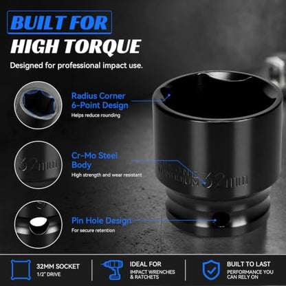 2PCS 32mm Impact Socket 1/2" Drive, 6 Point Metric Shallow Socket, CR-V Steel Heavy Duty Impact Wrench Socket for Automotive Repair - size: 32mm