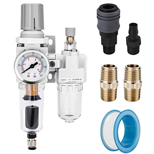 NANPU 1/4" NPT Air Filter Regulator Lubricator Combo, Water Separator | 5-micron brass filter, 0-150 psi gauge, poly bowl, auto drain, 18 SCFM, helps protect tools from moisture and debris - size: 1/4" NPT, style: Auto Drain