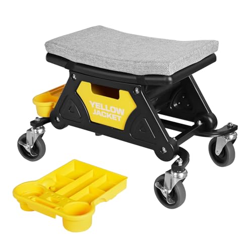 YELLOW JACKET Rolling Mechanic Seat with Drawer & Trays, 300lb, Garage Shop | Two tool trays & drawer for storage. Smooth casters, padded seat, 300 lb capacity. Great for auto repair, workshop & garage.