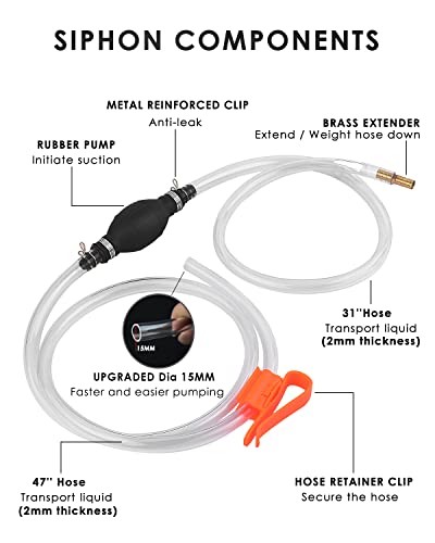 KATUMO 15MM Siphon Pump for Gasoline, Oil, Diesel, Water | 2PCS, Faster Liquid Flow, Higher Transfer Efficiency, 4 Premium PVC Hoses, Thickened Durable Rubber Pump Bulb - color: Black + White