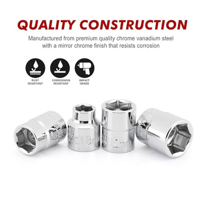 CASOMAN 14 Piece 3/8" Drive 6 Point Stubby Socket Set, Metric, Mirror Chrome Finish, 6,7,8,9,10,11,12,13,14,15,16,17,18,19mm - size: 3/8"Dr., Nano, 6.0 to 19.0mm