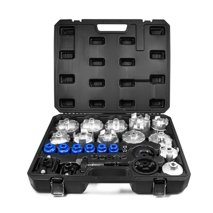 SMOTIVEPRO Professional Oil Filter Wrench Set 32-Piece, with Oil Filter Cap Removal Tool (63.5-100mm), Socket (24-38mm), Adjustable Wrench, Drain Plug Removal Tools and T-Handle (1/2" & 3/8" Drive)