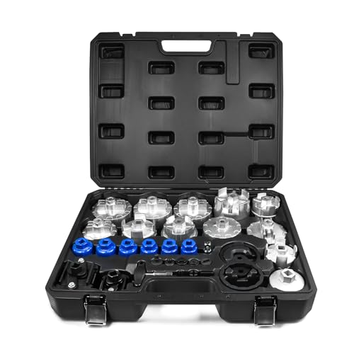 SMOTIVEPRO Professional Oil Filter Wrench Set 32-Piece, with Oil Filter Cap Removal Tool (63.5-100mm), Socket (24-38mm), Adjustable Wrench, Drain Plug Removal Tools and T-Handle (1/2" & 3/8" Drive)