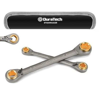 DURATECH 4-in-1 Anti-Slip Reversible Ratcheting Box Wrench Set, SAE | Double Box End, 2-Piece, 5/16", 3/8", 7/16", 1/2" & 9/16", 5/8", 11/16", 3/4", CR-V Steel, Nickel Plated, Rolling Pouch - style: Anti-slip & SAE