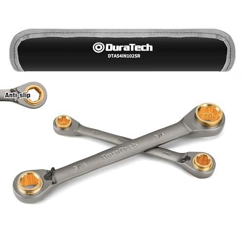 DURATECH 4-in-1 Anti-Slip Reversible Ratcheting Box Wrench Set, SAE | Double Box End, 2-Piece, 5/16", 3/8", 7/16", 1/2" & 9/16", 5/8", 11/16", 3/4", CR-V Steel, Nickel Plated, Rolling Pouch - style: Anti-slip & SAE