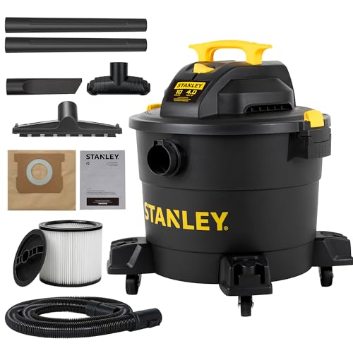 STANLEY 10-Gallon 4 HP Wet/Dry Shop Vacuum Cleaner, Powerful Suction for Home Garage Workshop, 16ft Cleaning Range, Includes Crevice Tool & Accessories, Large Capacity Portable Vac, Model SL18191P - color: Sl18191p