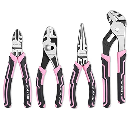WORKPRO 4-Piece Pliers Set | Premium CR-V Construction Pliers Tool Sets Including Long Nose, Diagonal Cutting, Groove Joint and Slip Joint Pliers - color: Pink