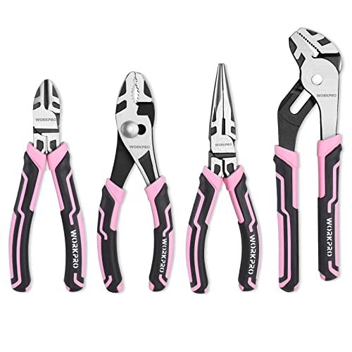 WORKPRO 4-Piece Pliers Set | Premium CR-V Construction Pliers Tool Sets Including Long Nose, Diagonal Cutting, Groove Joint and Slip Joint Pliers - color: Pink