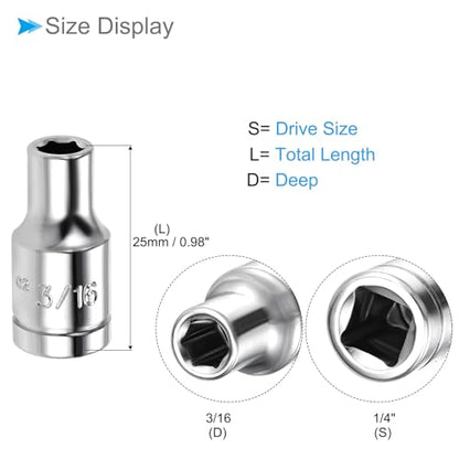 6-Point Socket, 1/4" Drive 3/16" Deep, Polished Chromed CR-V SAE Standard Shallow Impact Socket - (Applications: for Ratchet Torque Electric Wrenches Car Repair), 2-Pieces - size: 3/16"