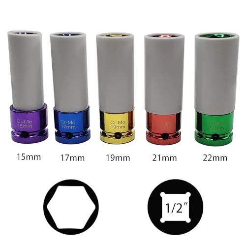 5PCS 1/2" Drive Impact Lug Nut Socket Set, Lug Nut Impact Socket | 15 17 19 21 22mm, 6 Point, Non-Marring, Thin Wall, Deep Socket, Wheel Protector, Protective Socket, Color-Coded, Cr-Mo Steel - size: 5PCS 15 17 19 21 22mm