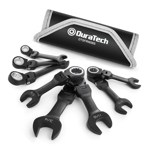 DURATECH Stubby Flex-head Ratcheting Combination Wrench Set, SAE, 8-piece, 5/16" to 3/4", CR-V Steel, Black Electrophoretic Coating, with Rolling Pouch - size: SAE