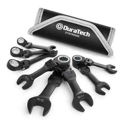 DURATECH Stubby Flex-head Ratcheting Combination Wrench Set, SAE, 8-piece, 5/16" to 3/4", CR-V Steel, Black Electrophoretic Coating, with Rolling Pouch - size: SAE