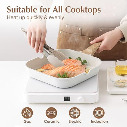 SENSARTE Nonstick Ceramic Grill Pan with Lid, Versatile Square Grilling Pan with Pour Spouts, Durable Grill Skillet for All Stoves(Gas,Electric,Induction) Non Toxic-PTFE,PFAS,PFOA Free, 9.5 Inch - color: White Ceramic, size: 9.5 Inch+Lid