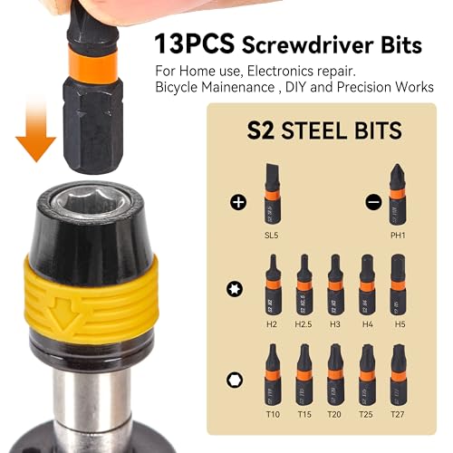 Adjustable Torque Screwdriver, 1/4" Quick-Release Bit Holder, 10-70 in-lb, 13-Piece Set, ±6% Accuracy