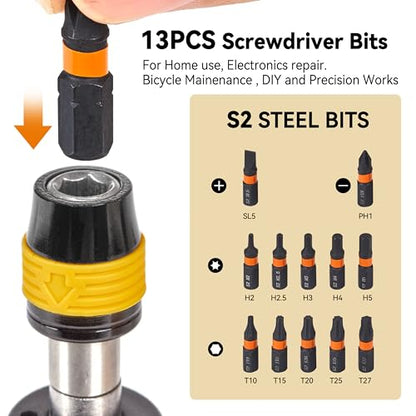 Adjustable Torque Screwdriver, 1/4" Quick-Release Bit Holder, 10-70 in-lb, 13-Piece Set, ±6% Accuracy
