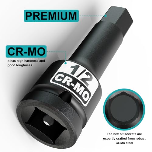1/2" Drive H1/2-Inch Impact Hex Bit Socket, SAE Allen Bit Socket, Cr-Mo Steel, Removing Loosening Hexagon Bolts - size: 1/2" H1/2 Deep