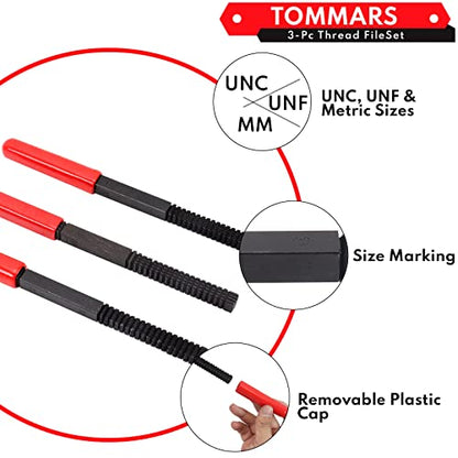 TOMMARS 3-Piece SAE and Metric Thread File Set for External Threads | Thread Restorer and Chaser Repair Tools for Cleaning and Restoring Damaged External Threads in Standard and Metric Sizes