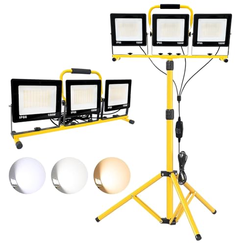 30000LM LED Work Lights with Stand- 3 Head Portable Shop Lights with 3000K-6500K Dimmable, IP66 Waterproof, Tripod Worklights for Outdoor Indoor Job Site Workshop Garage Construction Site Lighting - color: 3 Pack