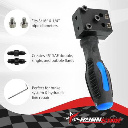 RYANSTAR RACING Brake Line Flaring Tool Kit, 3/16" & 1/4" Double Flaring Tool for Vehicle Brake & Hydraulic Lines, 45° SAE Single & Double Flare, Carbon Steel, Complete Repair Kit