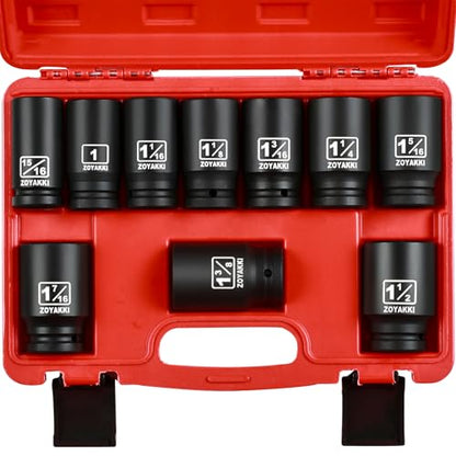 10 PCS 3/4" Drive Impact Lug Nut Socket, SAE 15/16"-1-1/2" Deep CR-MO Socket Set With Case for Impact Driver - size: 3/4" SAE 10PC Set