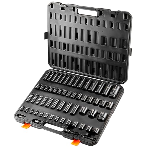 VEVOR Impact Socket Set 3/8" & 1/2" Socket Set 59PCS SAE 5/16" to 1-1/4" and Metric 6-32mm, 6 Point Cr-Mo Alloy Steel for Auto Repair, Easy-to-Read Markings, Rugged Construction, Storage Case - style: 1/2" & 3/8" 59PCS CR-MO