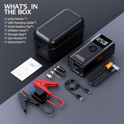 10-in-1 Jump Starter with Air Compressor, 3500A 150PSI Portable 12V Jump Box Car Battery (9 Gas/8 L Diesel), with Auto-Shutoff Tire Inflator, Power Bank, LED Lights, Large LCD Display