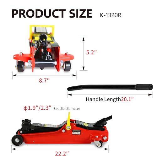 Hydraulic Trolley Service Floor Jack, 2 Ton(4000lbs) Low Profile Floor Jack, Heavy-Duty Steel Racing Floor Jacks with Single Piston Quick Lift Pump, Lifting Range 3.3"-15.2" - color: Red&Black-2T-Single Pump