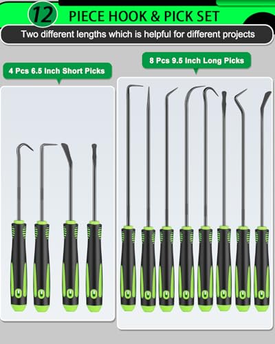 12 Pcs Pick Set Mechanic, Hook and Pick Tool Set with Non-Slip Grip, Long and Short Automotive Pick Set for Oil Seal, O-Ring and Gasket Removal, Car Repair, Mechanical and DIY Use, Black/Green - color: Black/Green